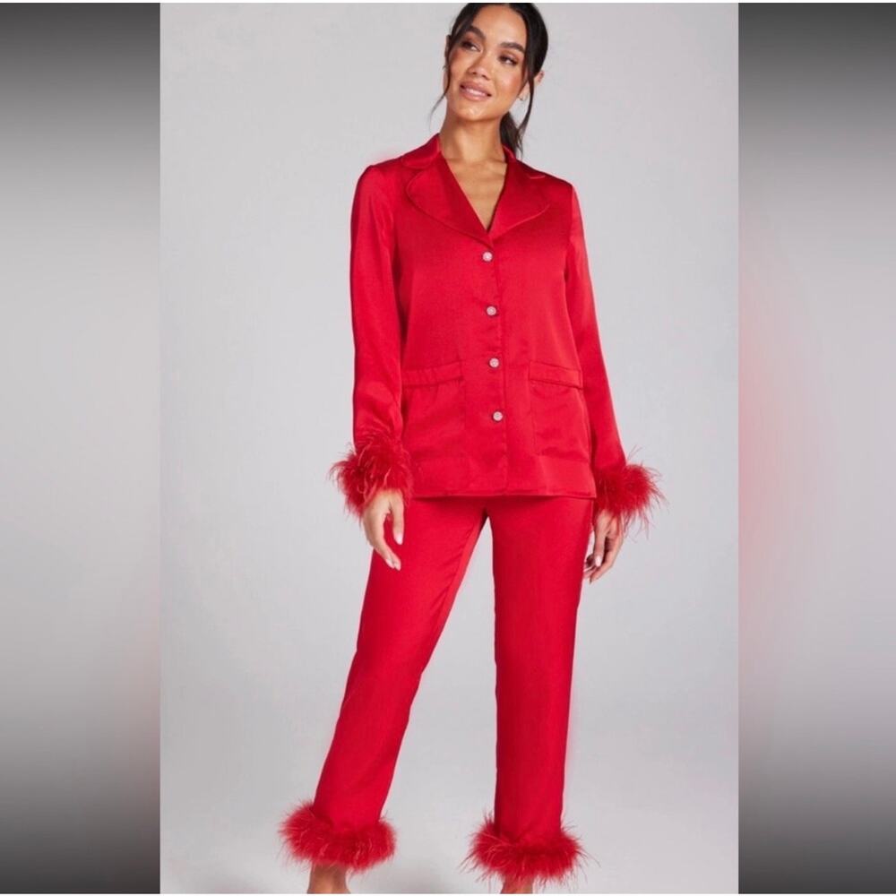 Nadine Merabi Darcie Red Feather Trim Satin Pajama Set Size M